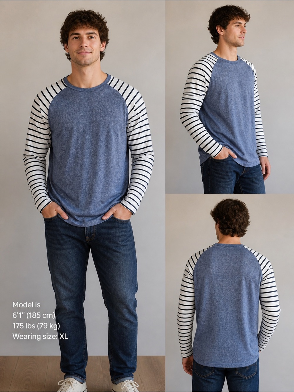 Doublju Blue Body with White and Black Striped Raglan Long-Sleeve Shirt